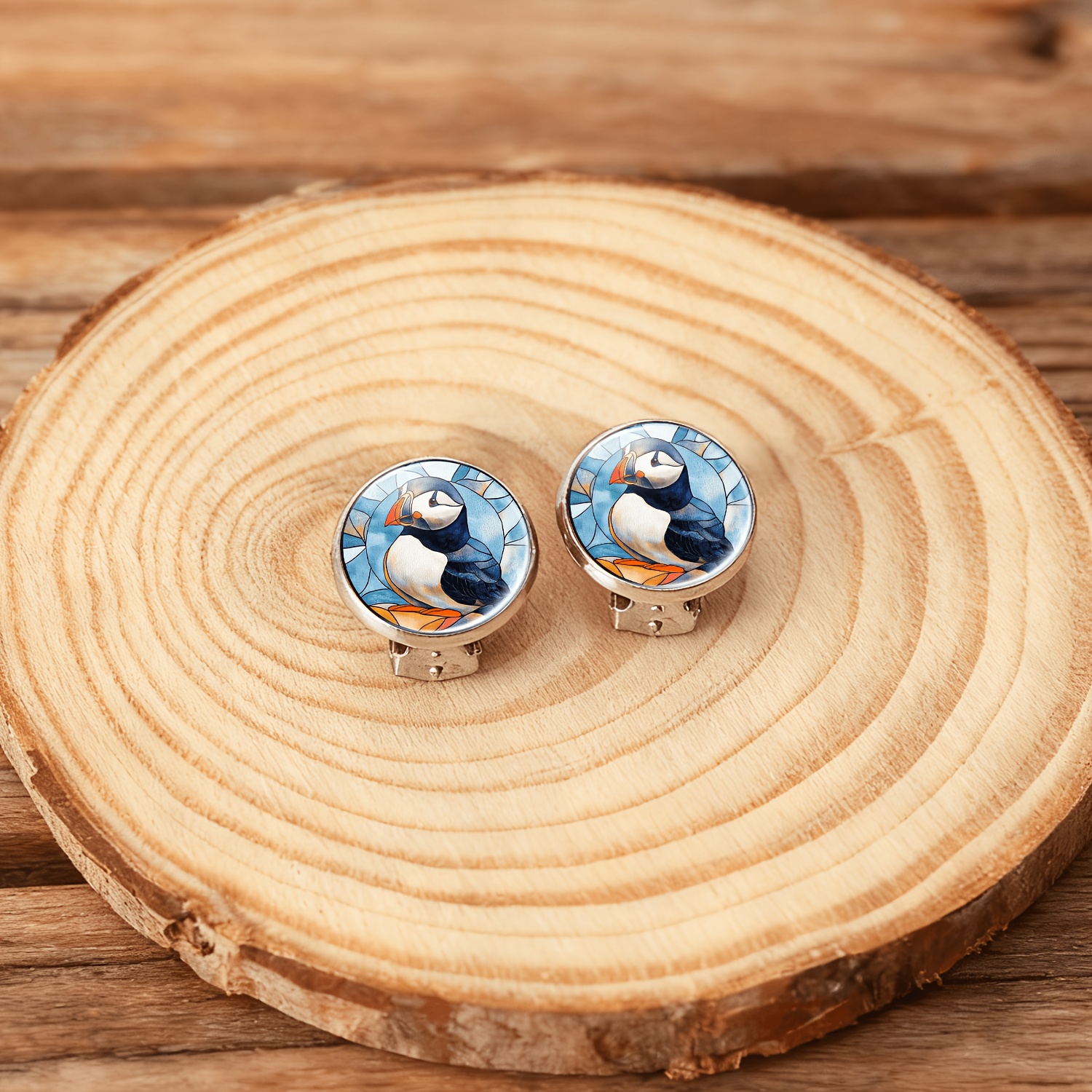 2pcs No-Piercing Round Glass Face Earrings Set, Penguin Illustration